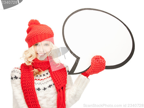Image of smiling woman with blank text bubble