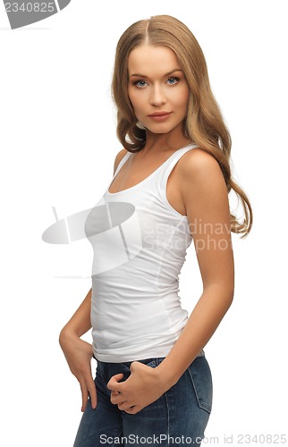 Image of calm and serious woman in blank white t-shirt