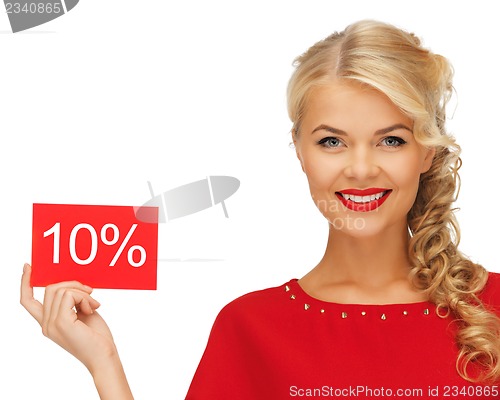 Image of lovely woman in red dress with discount card