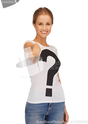 Image of happy and smiling woman pointing her finger
