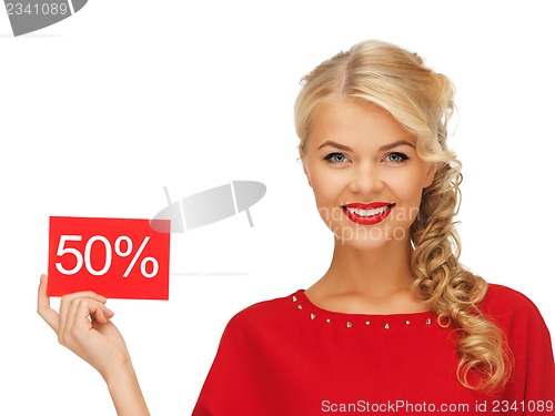 Image of lovely woman in red dress with discount card