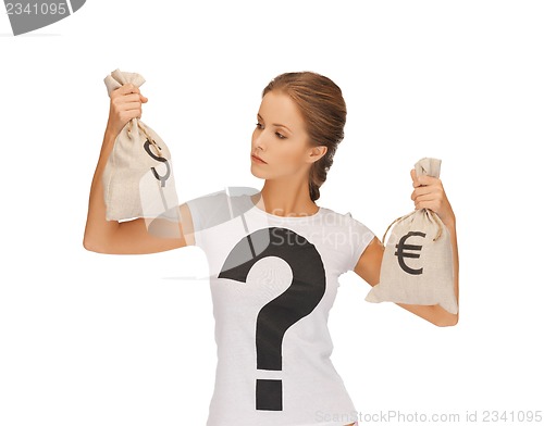 Image of woman with dollar and euro signed bags