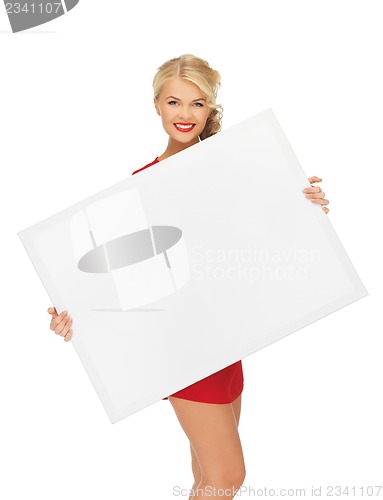 Image of lovely woman in red dress with blank board
