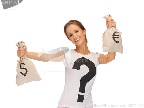 Image of woman with dollar and euro signed bags