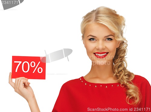 Image of lovely woman in red dress with discount card