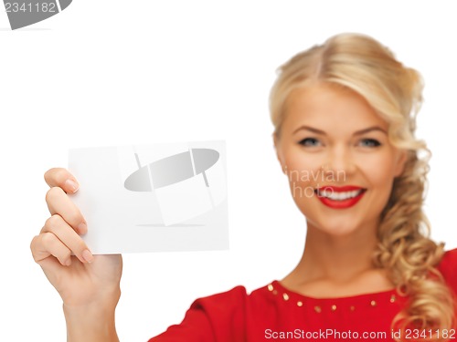 Image of lovely woman in red dress with note card