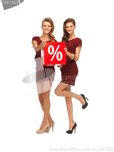 Image of two teenage girls in red dresses with percent sign