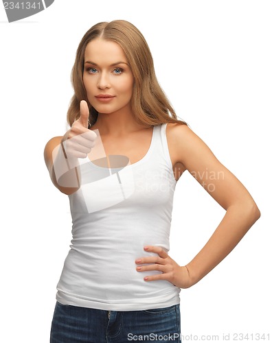 Image of woman in blank white t-shirt with thumbs up