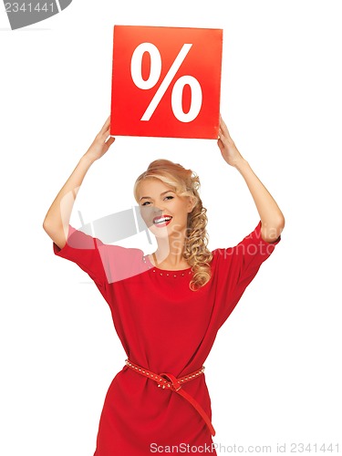 Image of lovely woman in red dress with percent sign