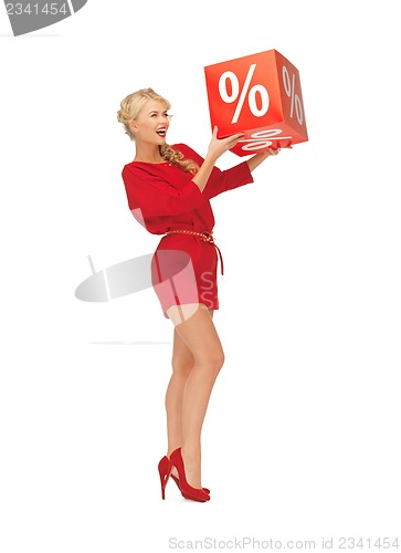 Image of lovely woman in red dress with percent sign