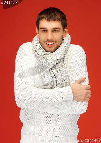 Image of handsome man in warm sweater and scarf