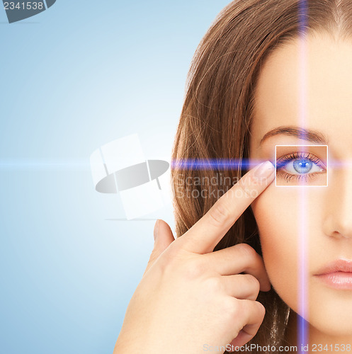 Image of beautiful woman pointing to eye