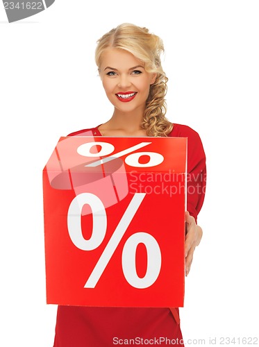 Image of lovely woman in red dress with percent sign