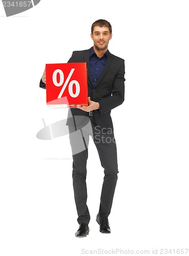 Image of handsome man in suit with percent sign