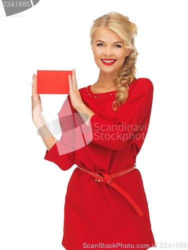 Image of lovely woman in red dress with note card
