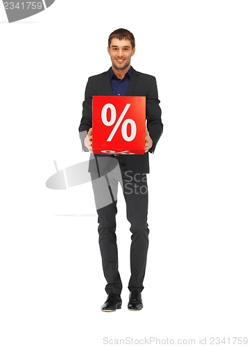 Image of handsome man in suit with percent sign