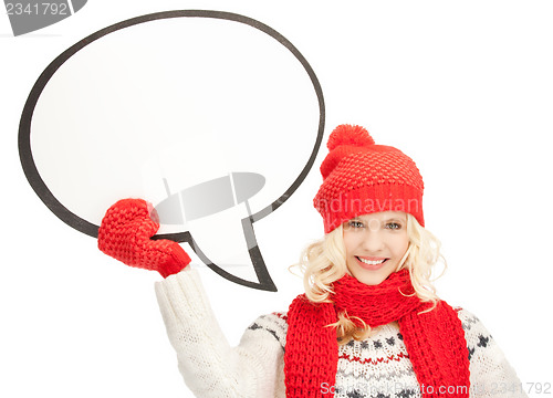 Image of smiling woman with blank text bubble