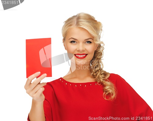 Image of lovely woman in red dress with note card