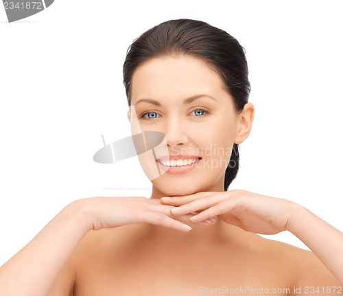 Image of face and hands of beautiful woman