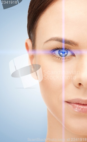 Image of beautiful woman pointing to eye