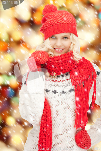 Image of beautiful woman in hat, muffler and mittens