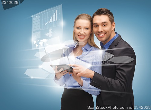 Image of man and woman with virtual screens