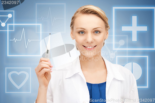 Image of attractive female doctor with thermometer