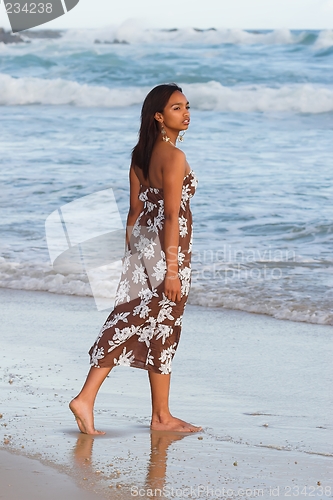 Image of model walking towards waves