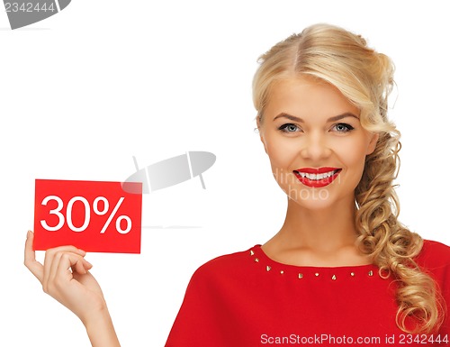 Image of lovely woman in red dress with discount card