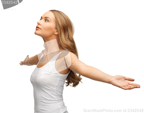 Image of woman spreading hands