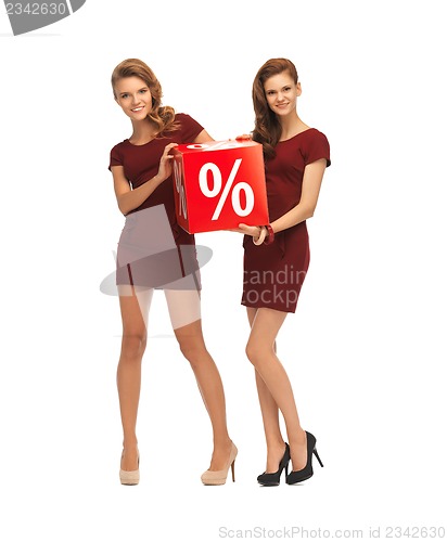 Image of two teenage girls in red dresses with percent sign