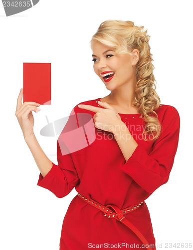 Image of lovely woman in red dress with note card