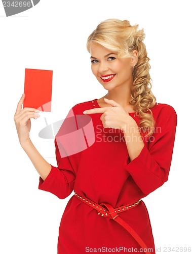 Image of lovely woman in red dress with note card