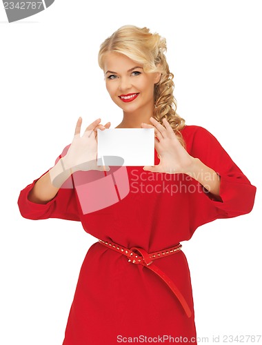 Image of lovely woman in red dress with note card