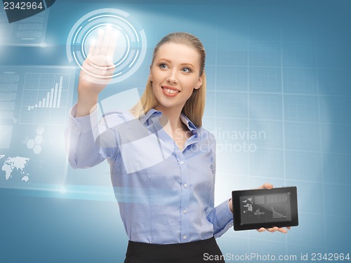 Image of woman working with virtual tablet pc