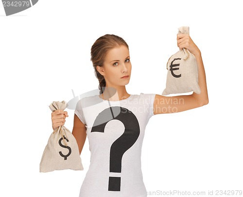 Image of woman with dollar and euro signed bags