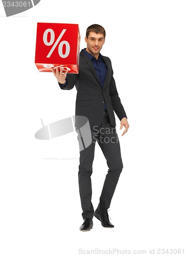 Image of handsome man in suit with percent sign