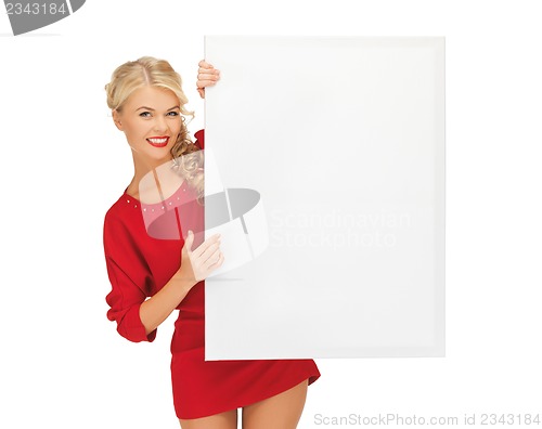 Image of lovely woman in red dress with blank board