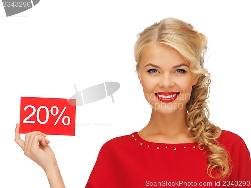 Image of lovely woman in red dress with discount card