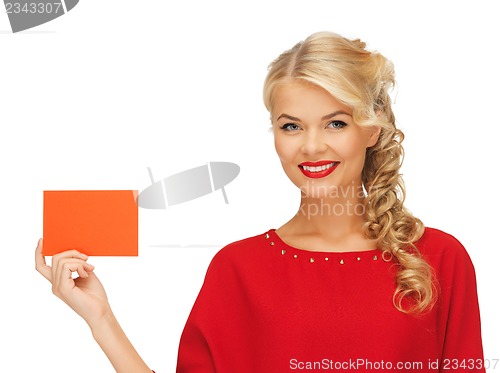 Image of lovely woman in red dress with note card
