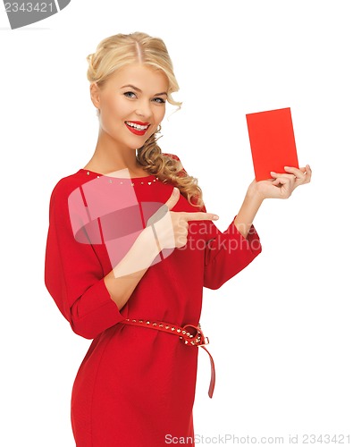 Image of lovely woman in red dress with note card