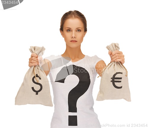 Image of woman with dollar and euro signed bags