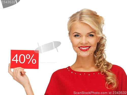 Image of lovely woman in red dress with discount card