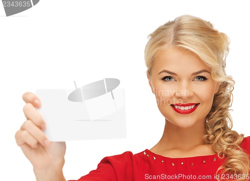 Image of lovely woman in red dress with note card