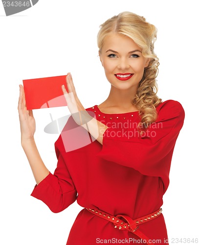 Image of lovely woman in red dress with note card