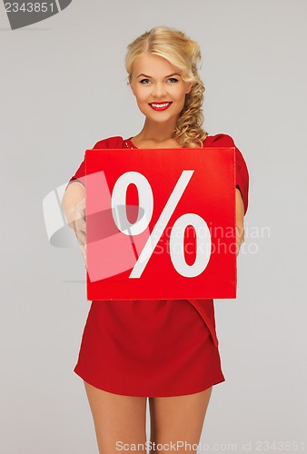 Image of lovely woman in red dress with percent sign