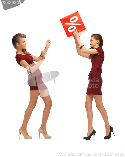 Image of two teenage girls in red dresses with percent sign