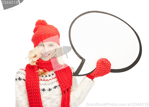 Image of smiling woman with blank text bubble