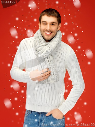 Image of handsome man in warm sweater and scarf