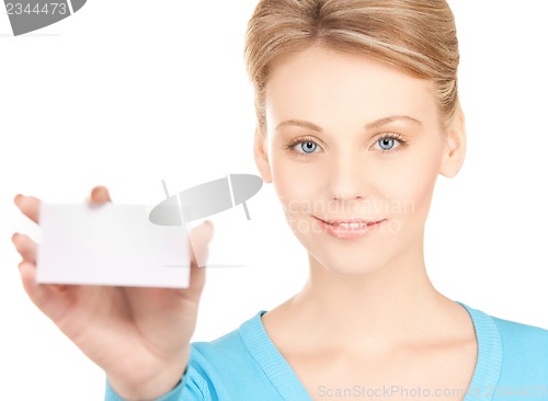 Image of woman with blank business or name card